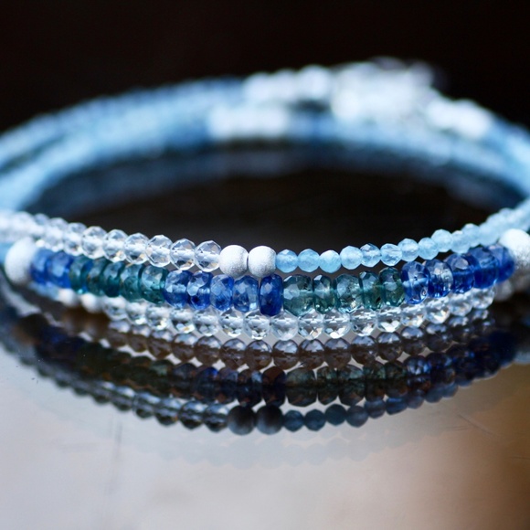 Natural Kyanite, Aquamarine Wrap Bracelet Convertible Necklace Sterling Silver - Picture 6 of 14